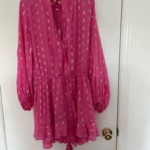 Surf Gypsy Barby Pink Lurex Chiffon Ruffle Fringe Tassel Women’s Dress Boho Sz M